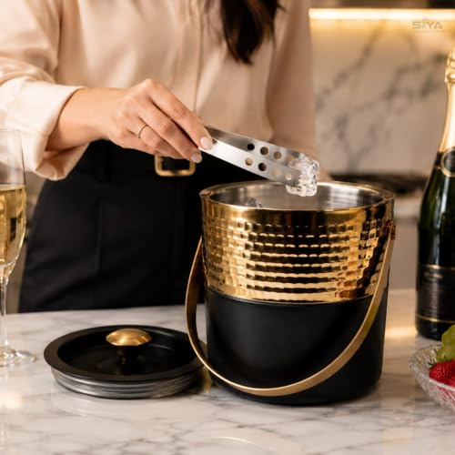 Premium Double Wall Ice Bucket with Lid & Tong, 1 Litre | Insulated Ice Holder with Hammered Gold Finish & Matte Black Base | for Bar, Home, Parties & Gifting
